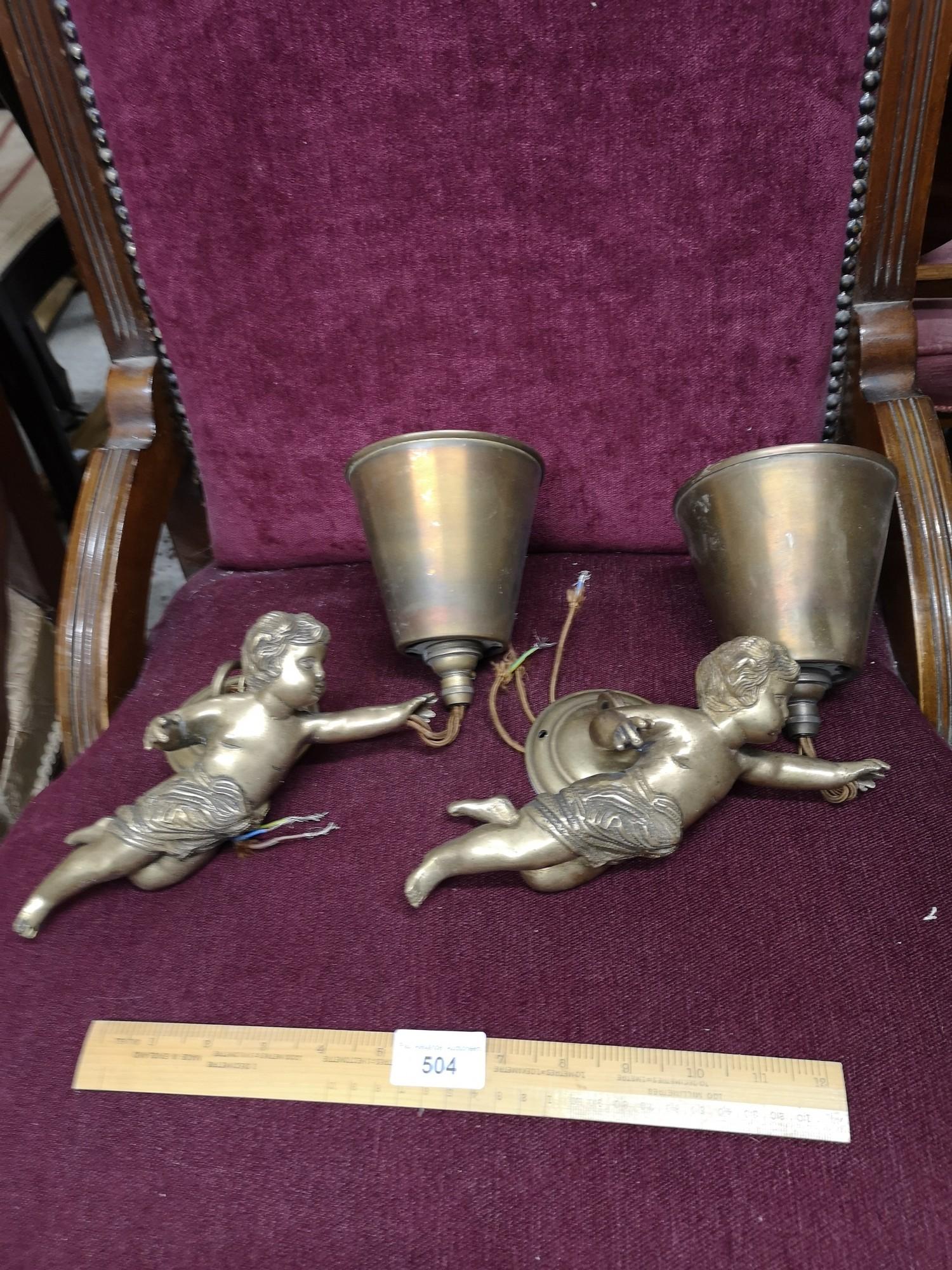 Pair of heavy quality brass cherubs wall light s with electrical fitting s. - Image 2 of 4