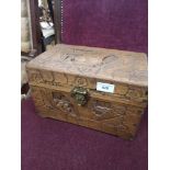 Large Oriental small camper chest carved box.