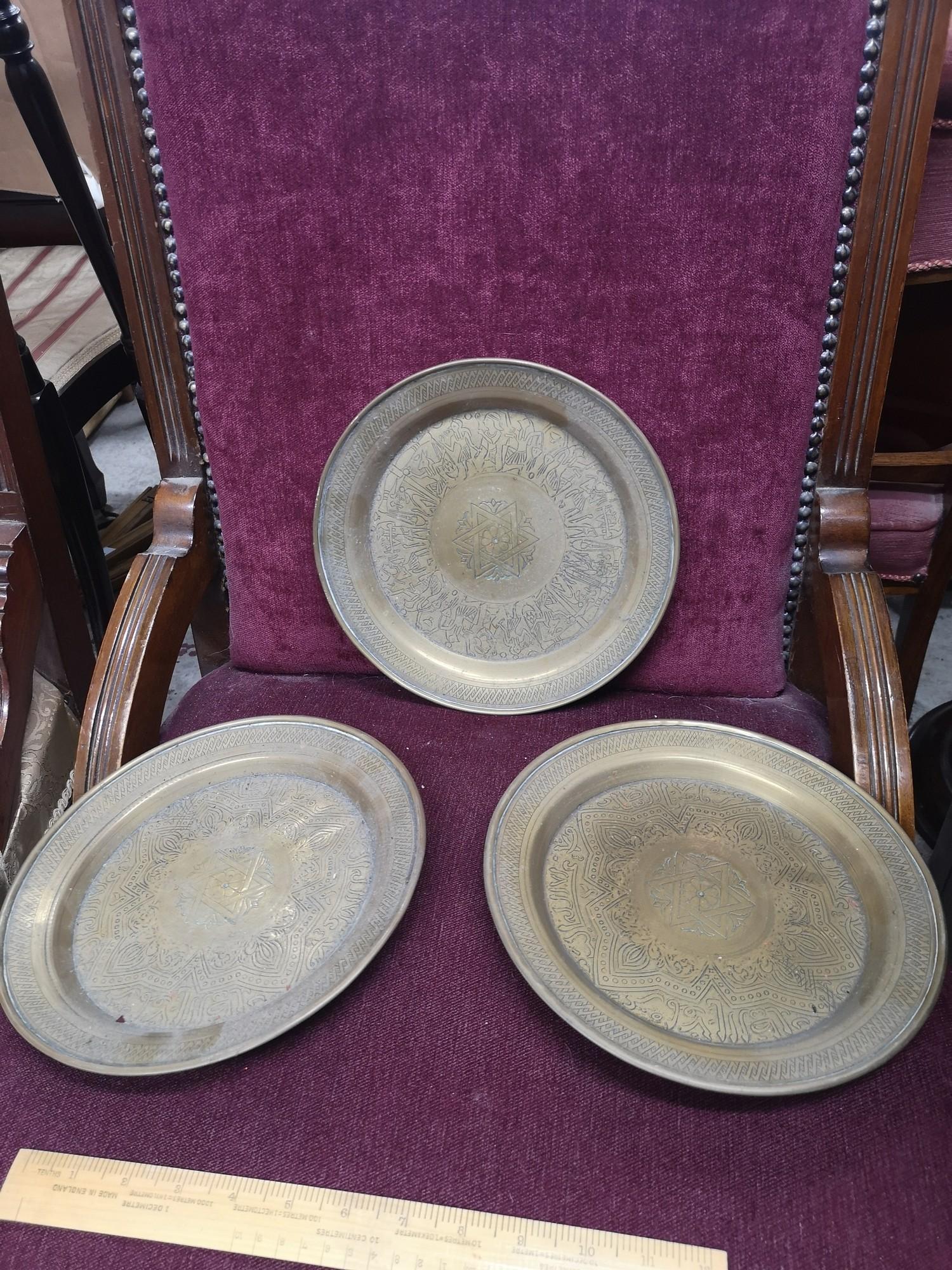 3 Arabic brass plates depicting Arabic writing etc.