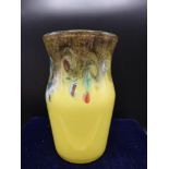 Scottish starthearn glass yellow with black colourations with swirls vase approximately 8 inches