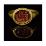 ROMAN GOLD INTAGLIO RING with APOLLO, ROOSTER AND VICTORY