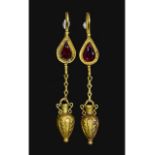 PAIR OF ROMAN GOLD AMPHORA EARRINGS WITH GARNETS