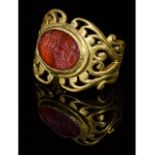 SUBSTANTIAL ROMAN GOLD INTAGLIO RING -SALUS IN CHARIOT