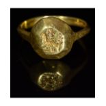 BYZANTINE GOLD RING WITH BIRD AND CROSS