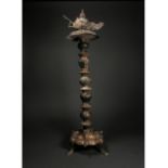 RARE SELJUK BRONZE OIL LAMP ON STAND