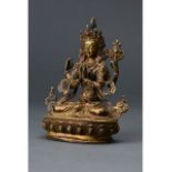 TIBETAN GILT BRONZE JEWELLED TARA