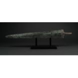 SUPERB ANCIENT BRONZE SWORD ON STAND