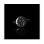 RARE MEDIEVAL SILVER RING WITH BULL AND CROSS