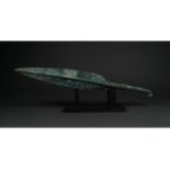 ANCIENT BRONZE LEAF-SHAPED SPEAR ON STAND