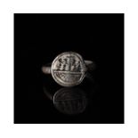 MEDIEVAL SILVER RING WITH BOAT AND SAILORS