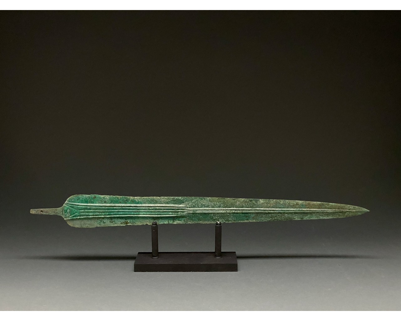 ANCIENT BRONZE SWORD ON STAND - SUPERB PATINA