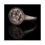 MEDIEVAL SILVER SEAL RINGS WITH SOLDIERS SUPPORTING CREST