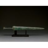 ANCIENT BRONZE SWORD WITH HANDLE ON STAND