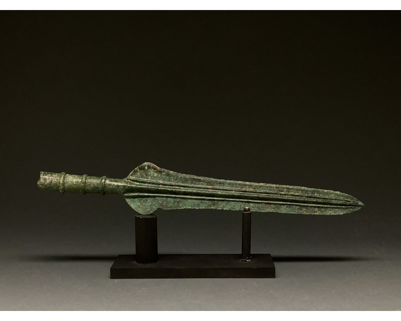 MAGNIFICENT ANCIENT BRONZE DECORATED SPEAR ON STAND