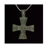 SUPERB MEDIEVAL BRONZE DECORATED CROSS