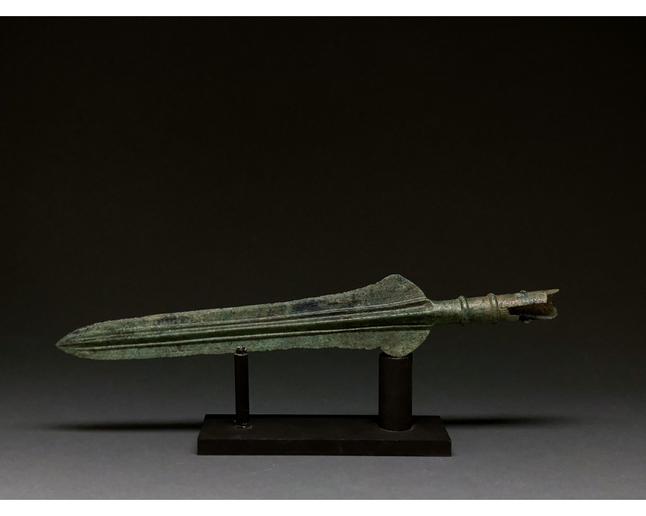 MAGNIFICENT ANCIENT BRONZE DECORATED SPEAR ON STAND - Image 7 of 7