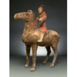 CHINA, HAN DYNASTY POTTERY FIGURE OF HORSE AND RIDER - TL TESTED