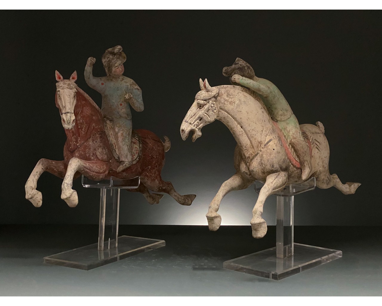 CHINA, TANG DYANSTY PAIR OF PAINTED POTTERY POLO RIDERS - TL TESTED