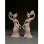 CHINA, TANG DYNASTY PAIR OF GLAZED COURT LADIES WITH FANS