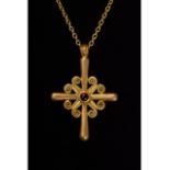 HEAVY BYZANTINE GOLD CROSS WITH GARNET - XRF TESTED