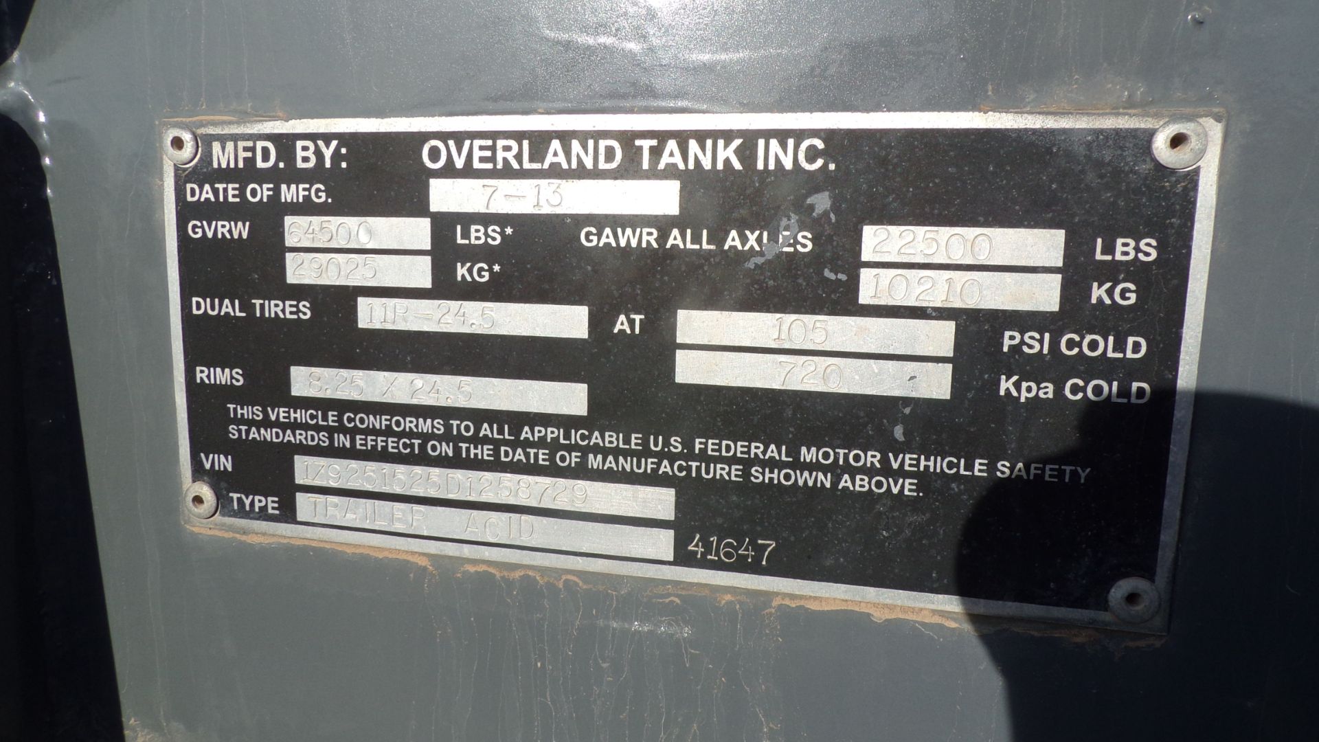 Located in YARD 1 - Midland, TX  (X) 2013 OVERLAND TANK INC 120 BBL T/A ACID TRAILER, VIN- - Bild 2 aus 6