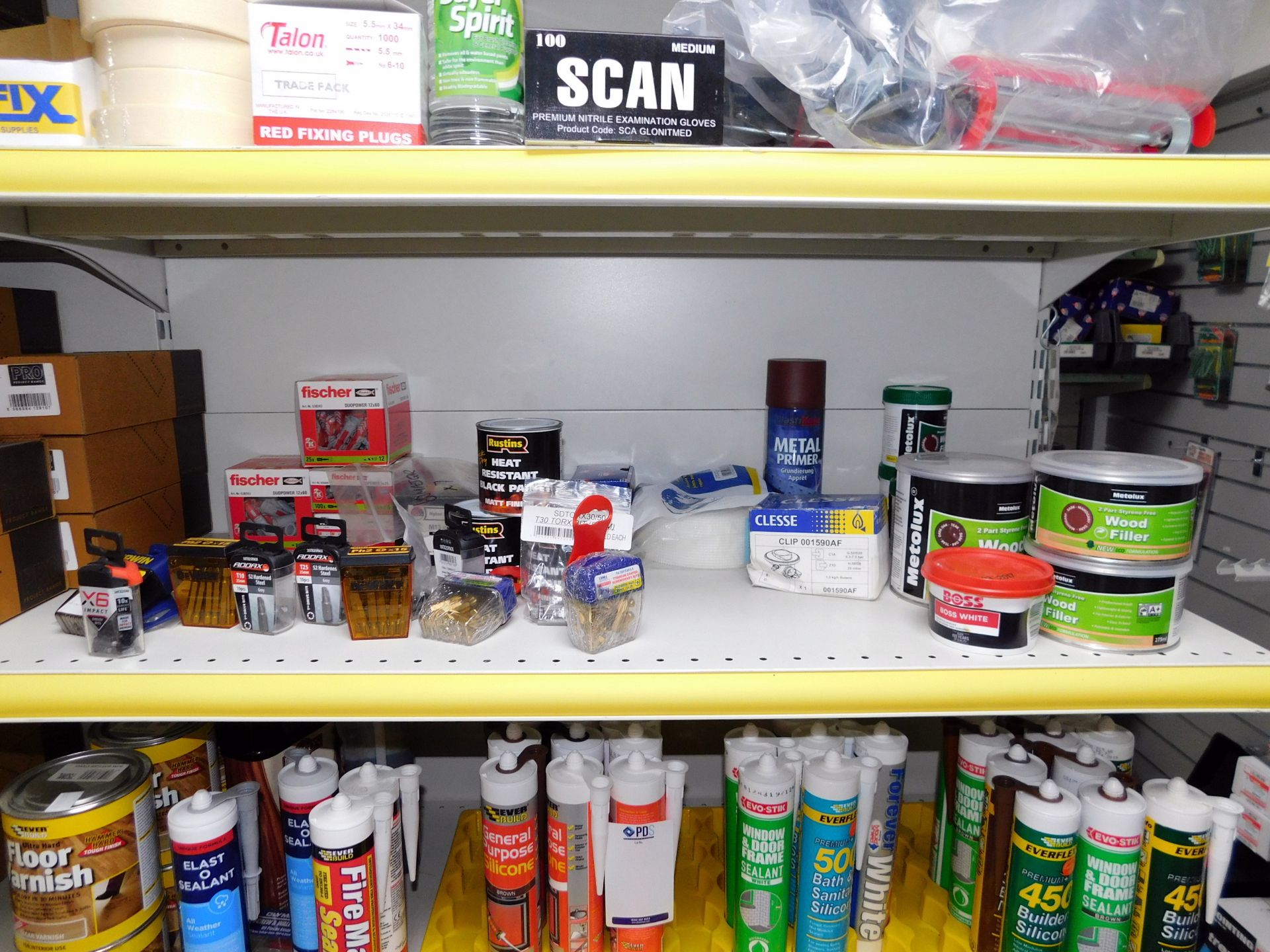 Contents of 8 Shelves to Include Fillers, Silicones, Varnish, Adhesives, Mastic Guns & - Image 8 of 10