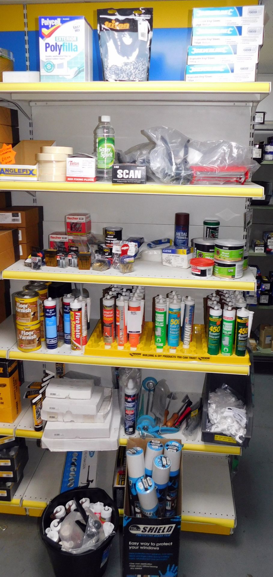 Contents of 8 Shelves to Include Fillers, Silicones, Varnish, Adhesives, Mastic Guns &