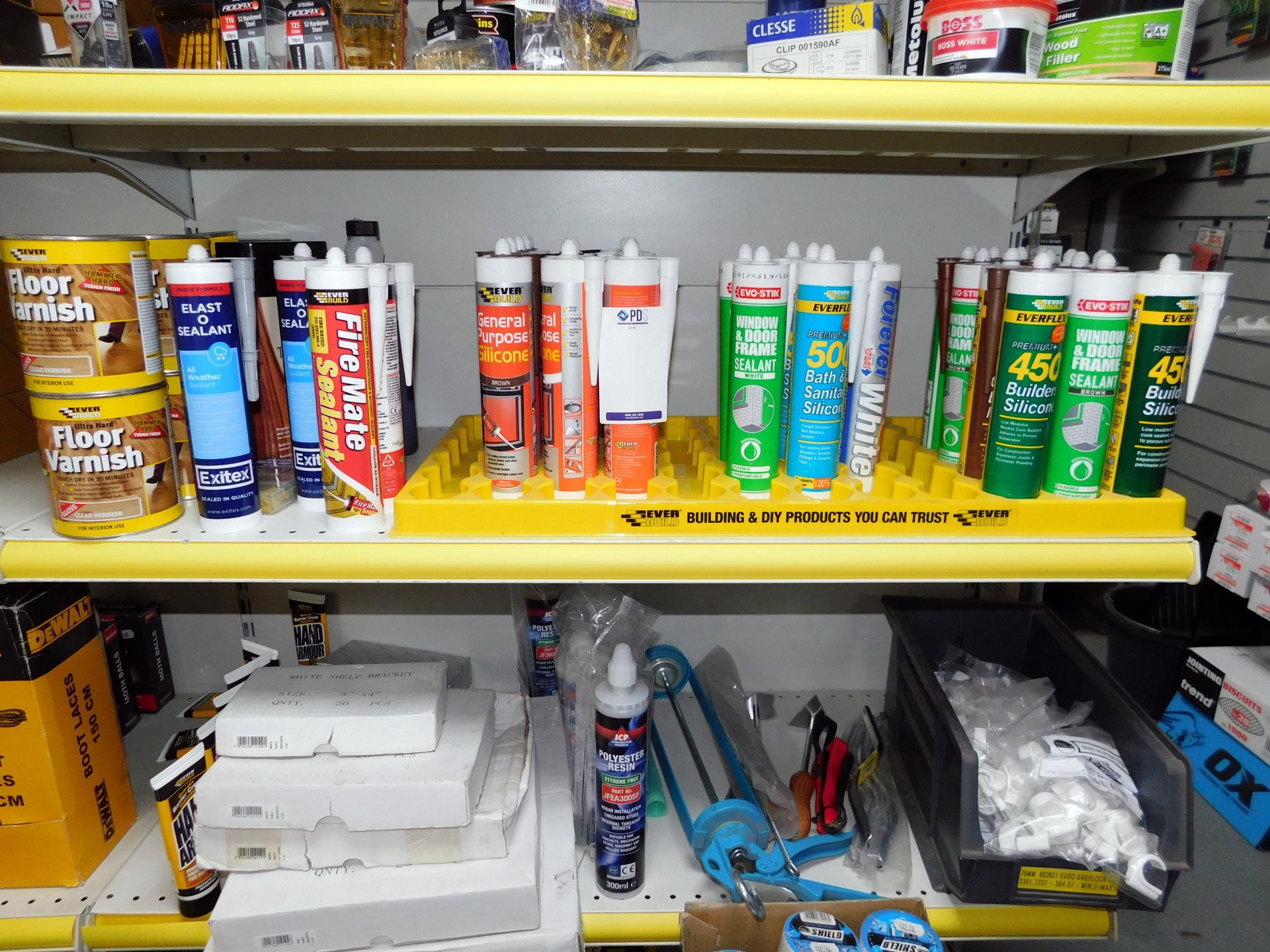 Contents of 8 Shelves to Include Fillers, Silicones, Varnish, Adhesives, Mastic Guns & - Image 7 of 10