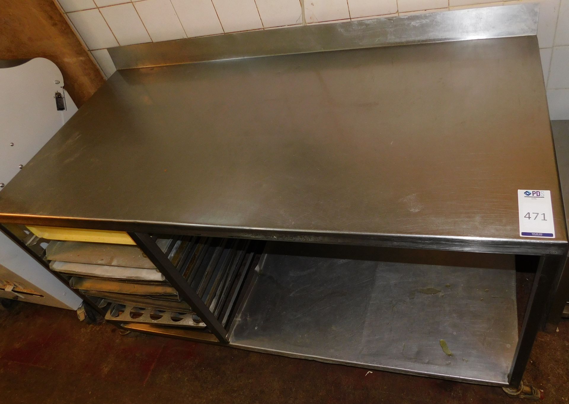 Mobile Large Stainless Steel Preparation Table with Baking Tray Section Underneath (Located