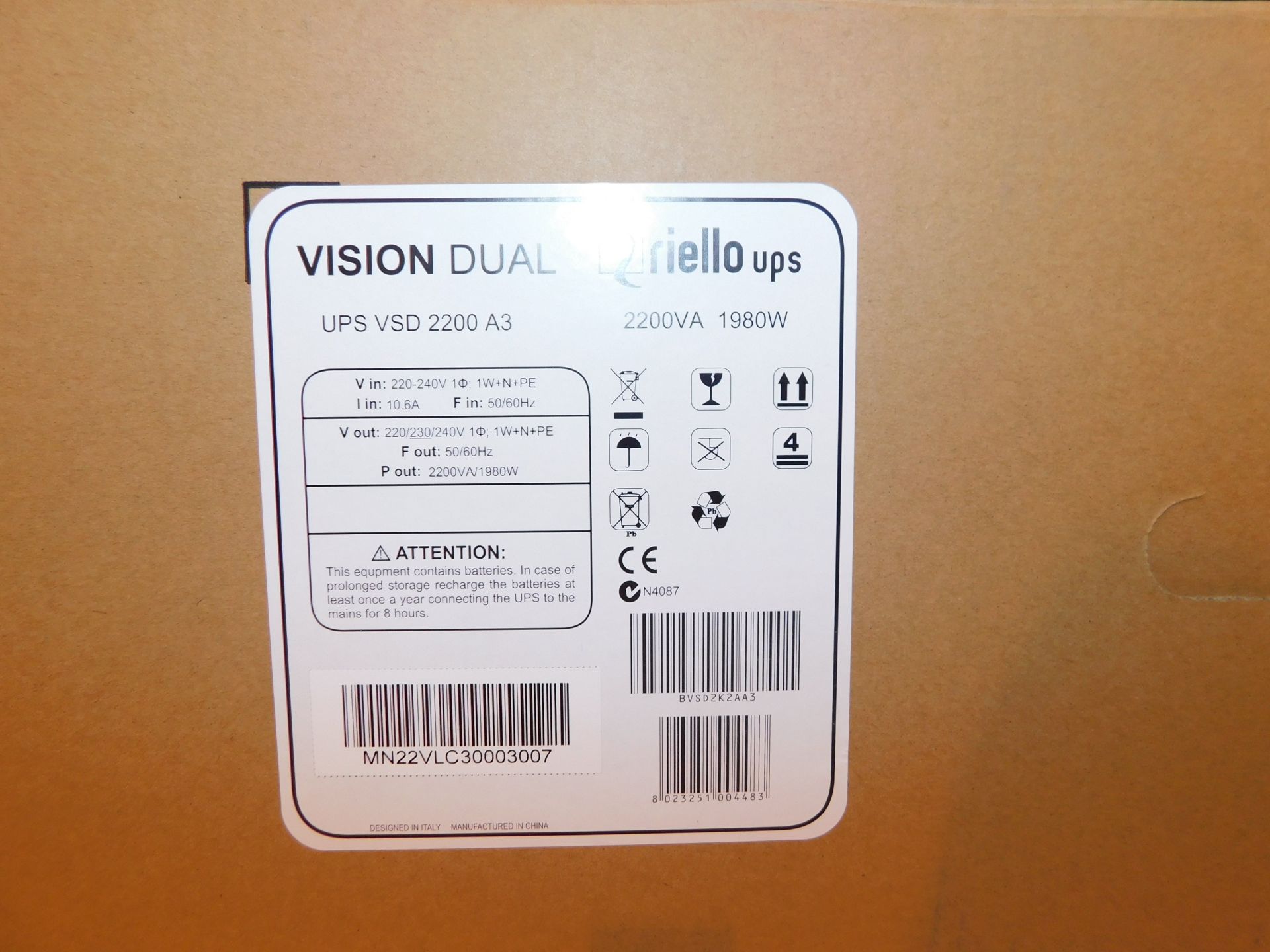 Riello UPS Vision Dual VSD 2200 A3, s/n; MN22VLC30003009 (New with Box) (Located Milton Keynes – See - Image 3 of 3