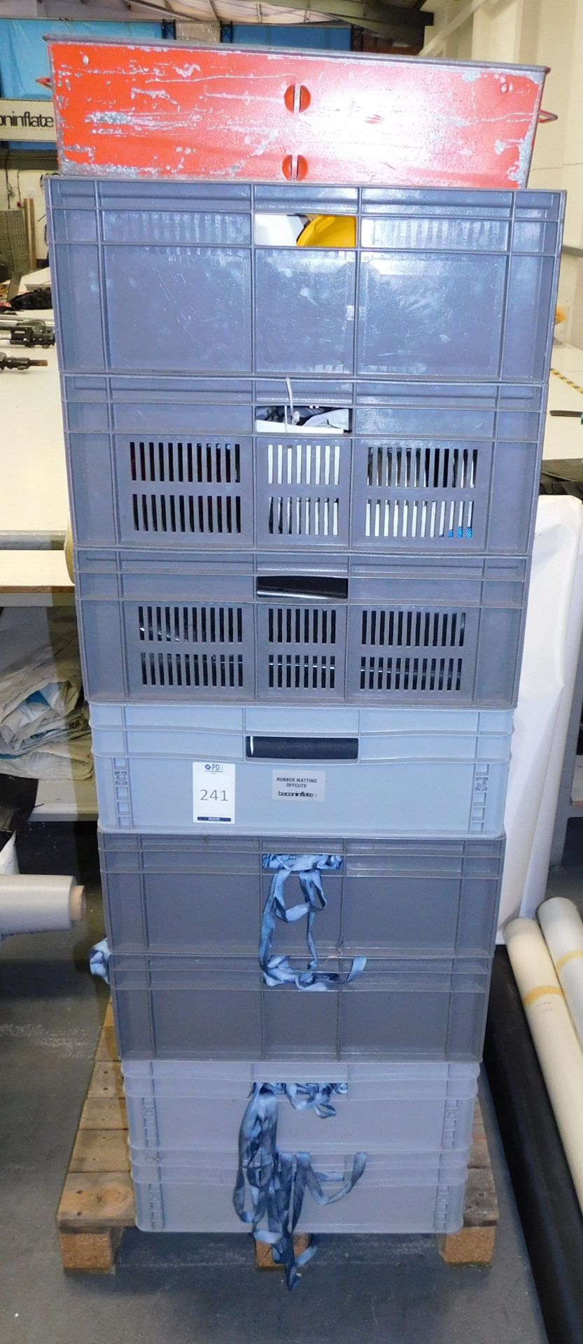 8 Plastic Crates & Contents to include Hard Hats, Zips, Rubber Matting Offcuts & Blue Ribbon (