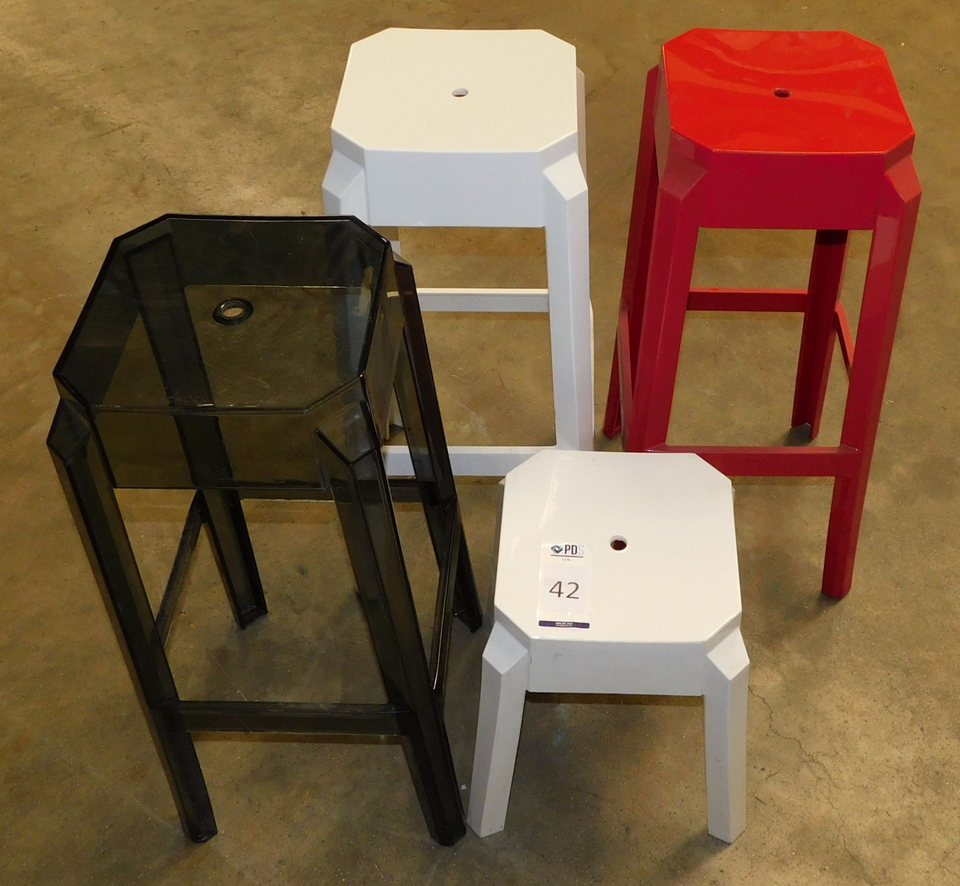 110 High Perspex Fox Stools, Mixed Colours & 25 Low Fox Stools (Located Huntingdon, See General