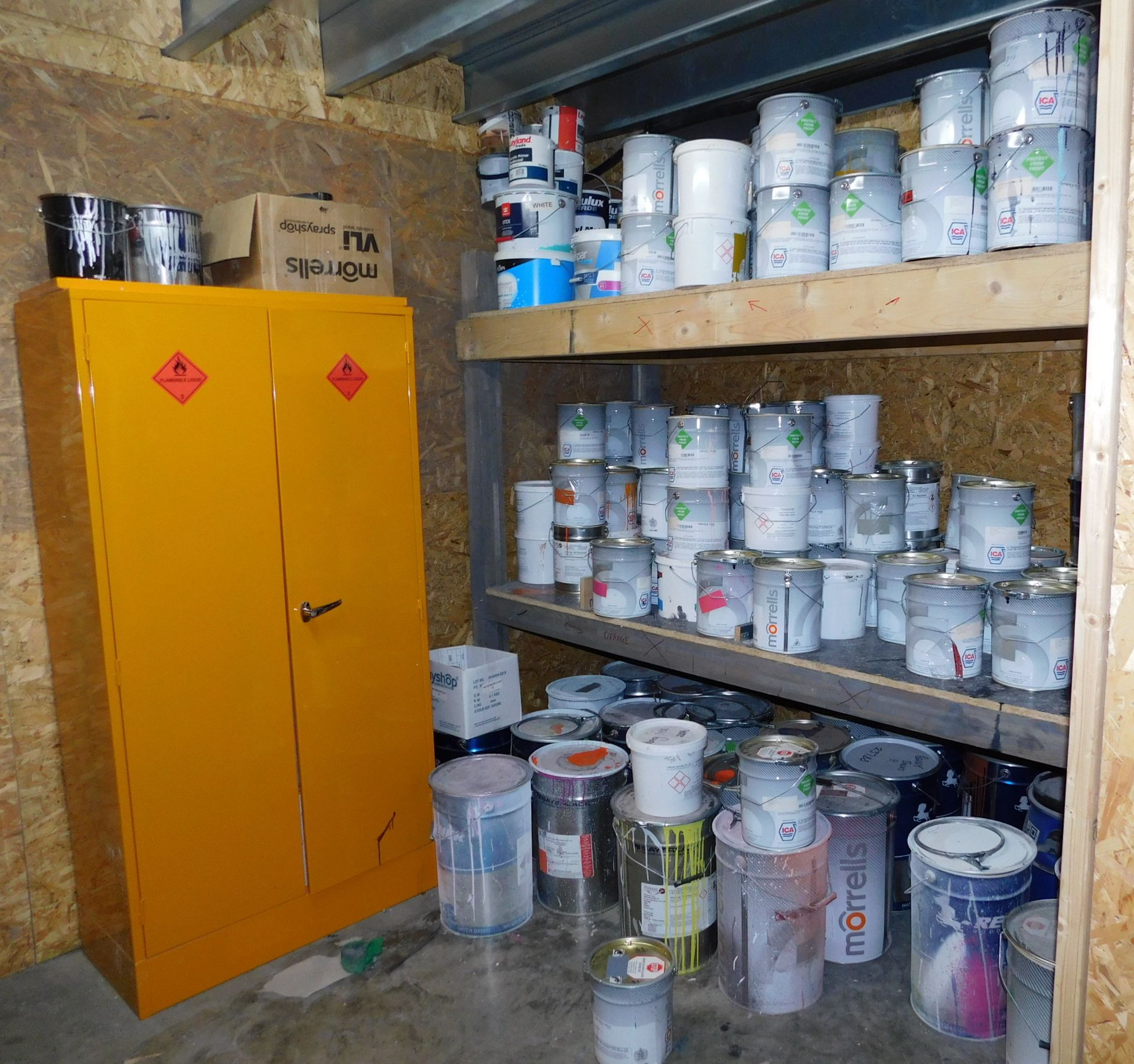 Contents of Paint Store to Include Steel Double Door Storage Cabinet, Quantity of Paints etc. &