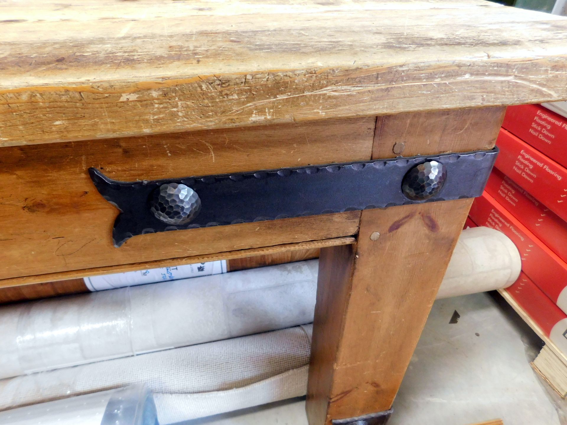 Reproduction Arts & Crafts Style Plank Top Pine Refectory Table, Metal Brackets, Square Supports - Image 3 of 3