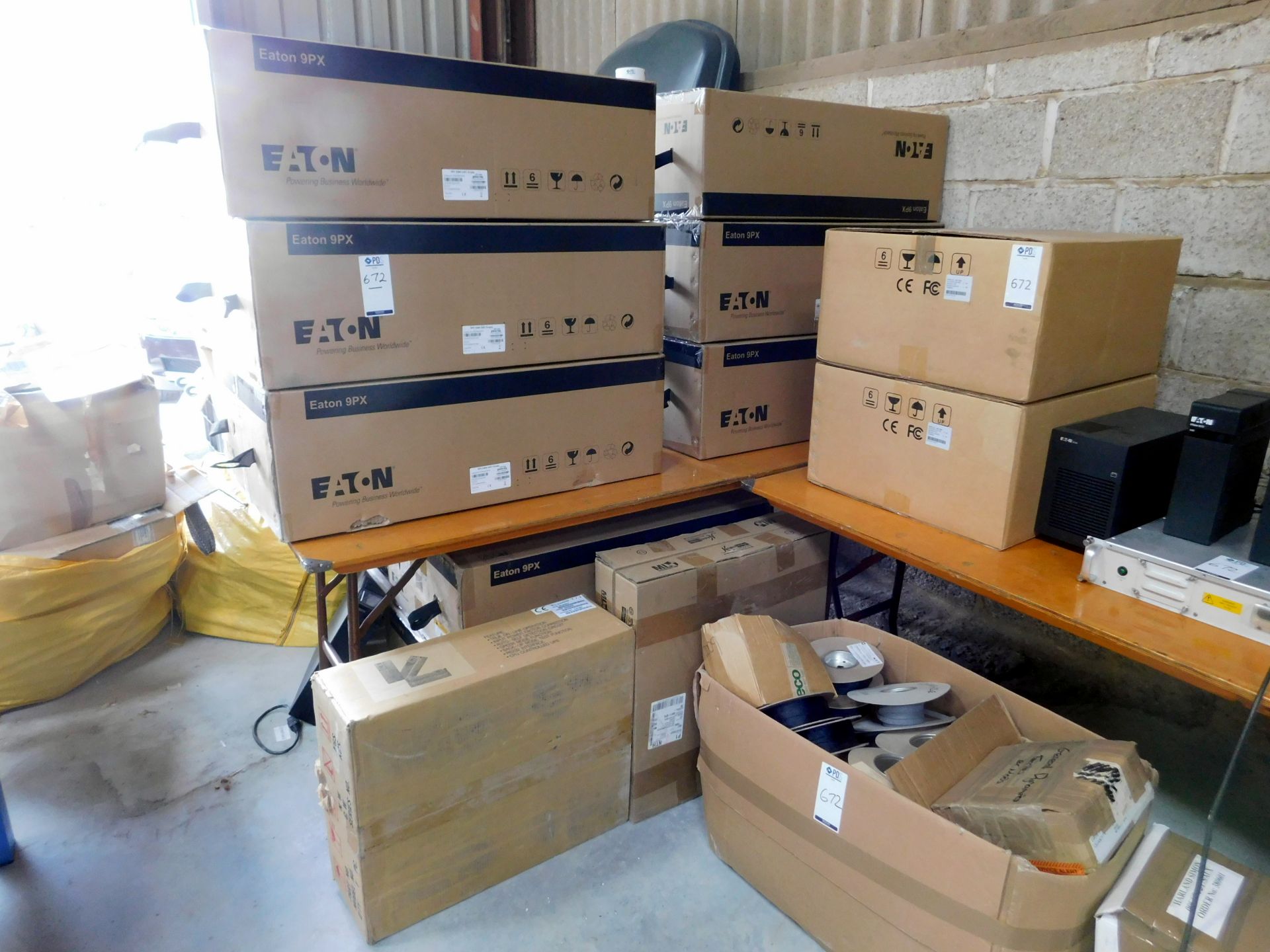 Assorted quantity of Eaton and Riello uninterruptable power supplies, various ABB and Schneider