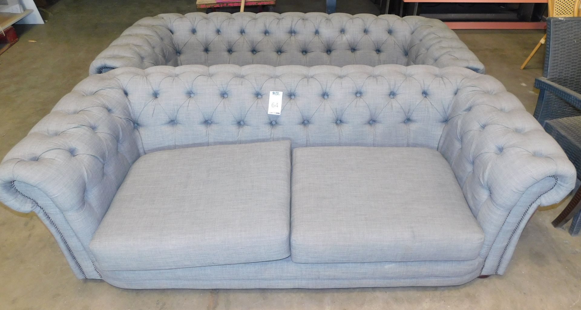 2 3-Seater Grey Upholstered Chesterfield Sofas (Located Huntingdon, See General Notes for More