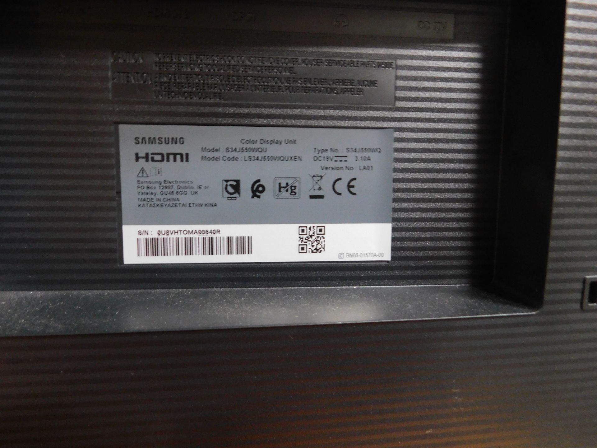 Samsung S34J550WQU LCD Gaming Monitor, Serial Number 0U8VHTOMA00840R (Located Brentwood, See General - Image 3 of 3