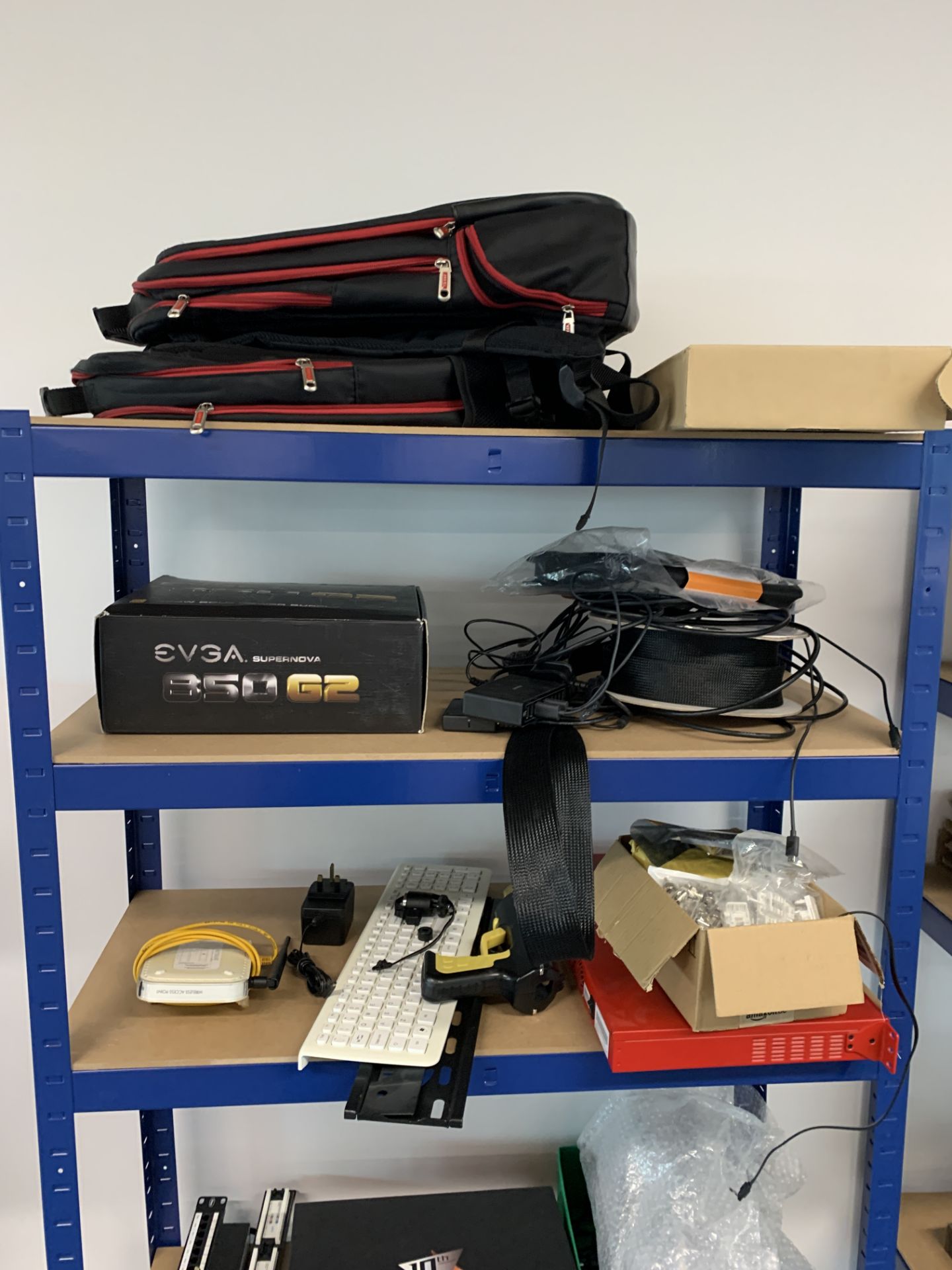 3 Lightweight Shelving Units & Contents of Assorted Cabling & Switches etc. (Located Manchester – - Image 2 of 13