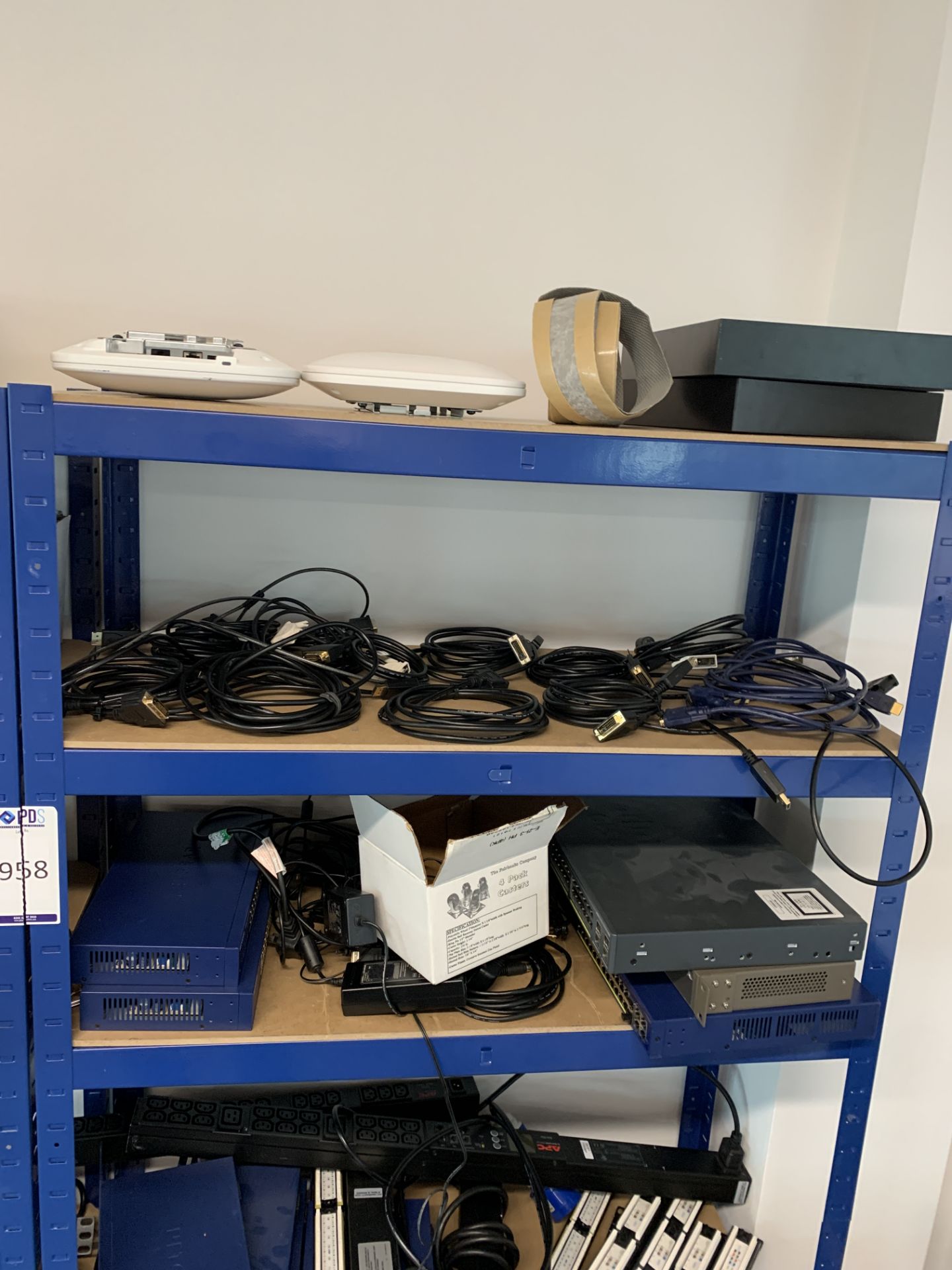 3 Lightweight Shelving Units & Contents of Assorted Cabling & Switches etc. (Located Manchester – - Image 6 of 13