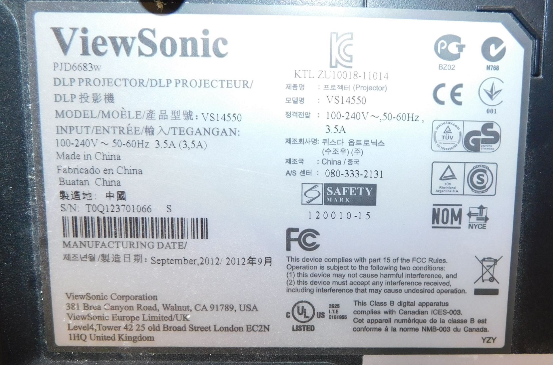 ViewSonic PJD6683w Projector (Located Manchester – See General Notes for More Details) - Image 2 of 2