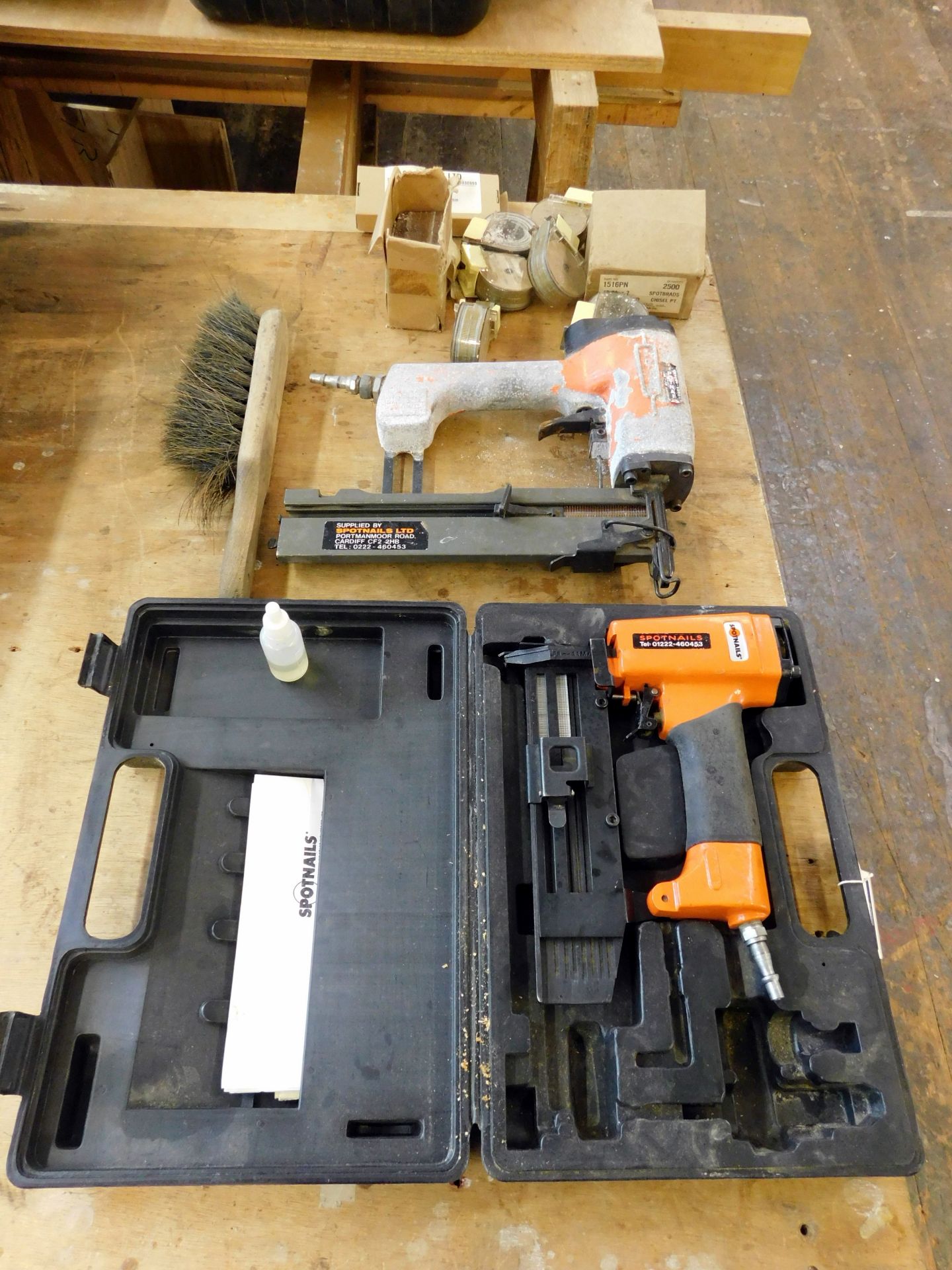 HLB 1516 Pneumatic Brad Nailer With Quantity of Nail Cartridges, Wood & Spot Nails Together with