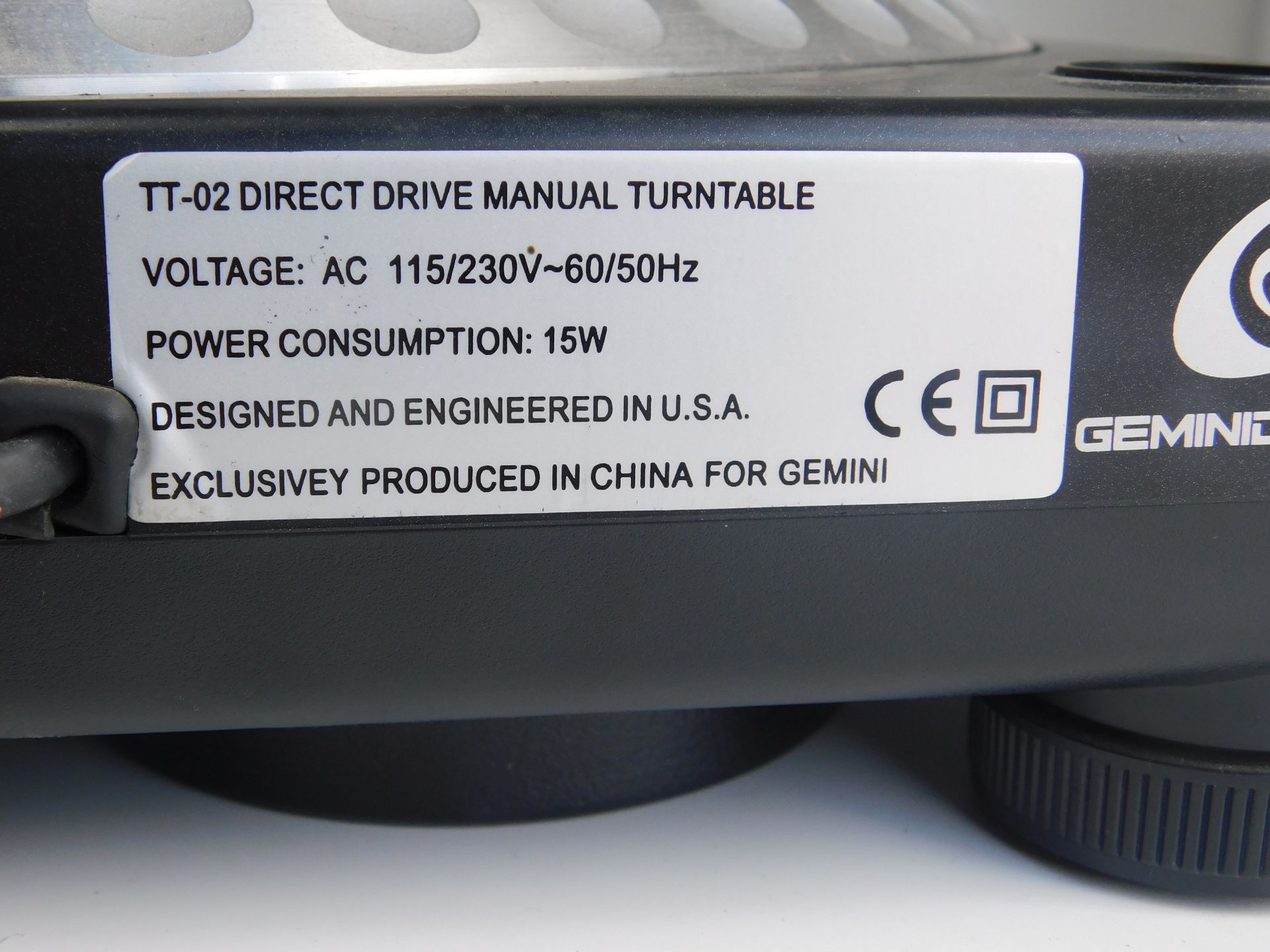 Gemini TT02 Direct Drive Turntable, s/n; GT5306138 (Located Brentwood, See General Notes for More - Image 2 of 3