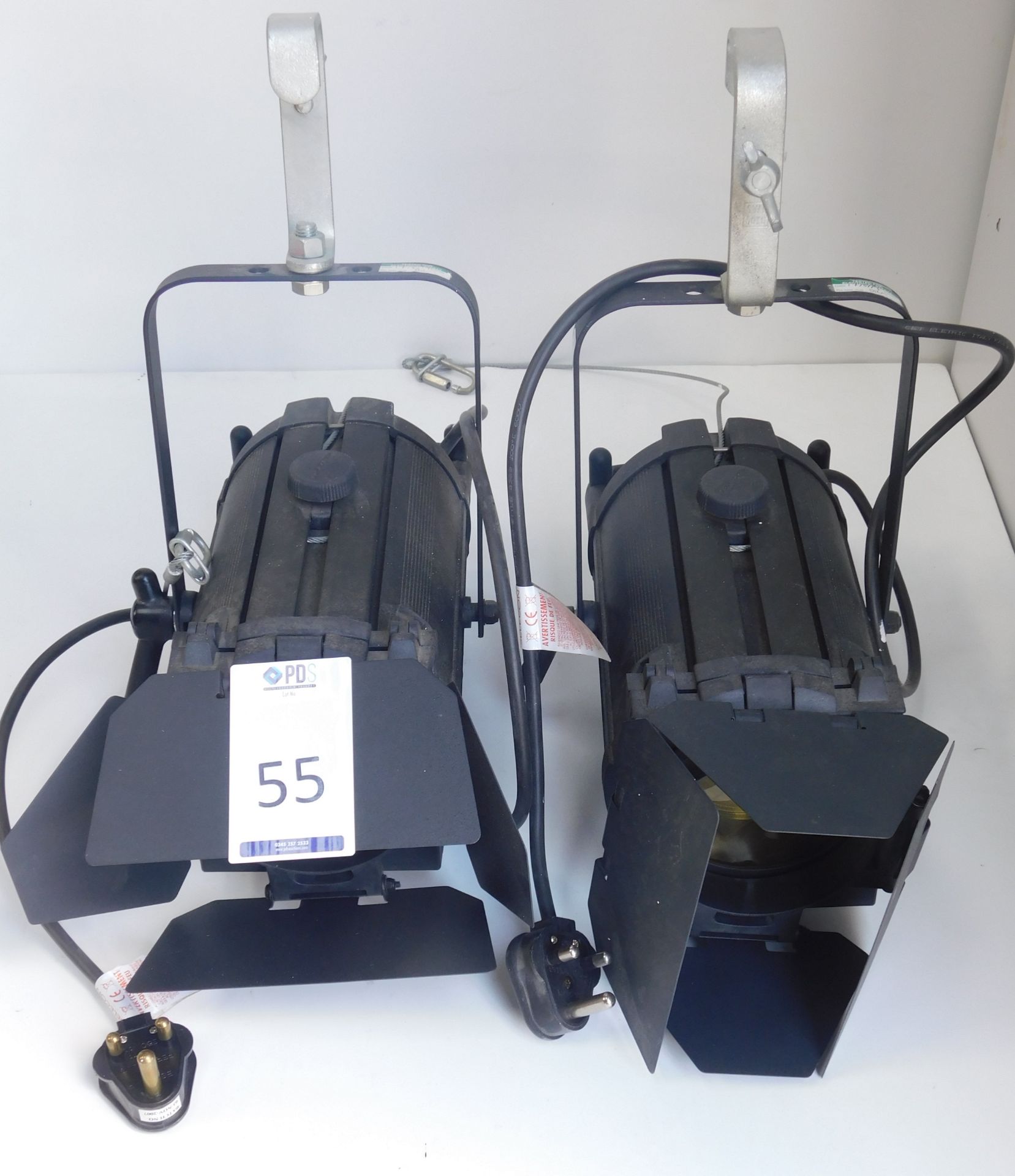 2 Selecon Acclaim Fresnel Spots with Suspension Hook Clamp & Safety Chain (Located Brentwood, See