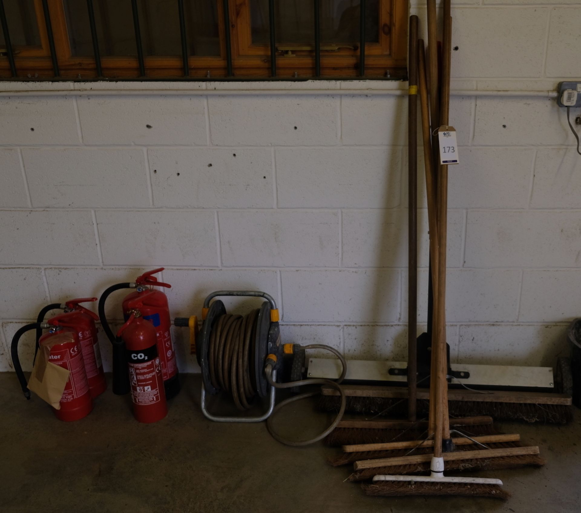 5 Various Brushes, Trolley, Hose Reel, 4 Various Fire Extinguishers (Located Bicester, See General