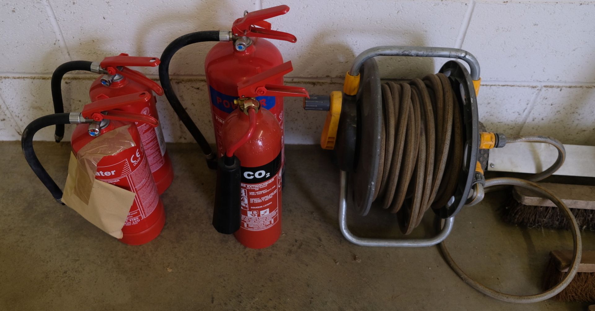 5 Various Brushes, Trolley, Hose Reel, 4 Various Fire Extinguishers (Located Bicester, See General - Image 2 of 3