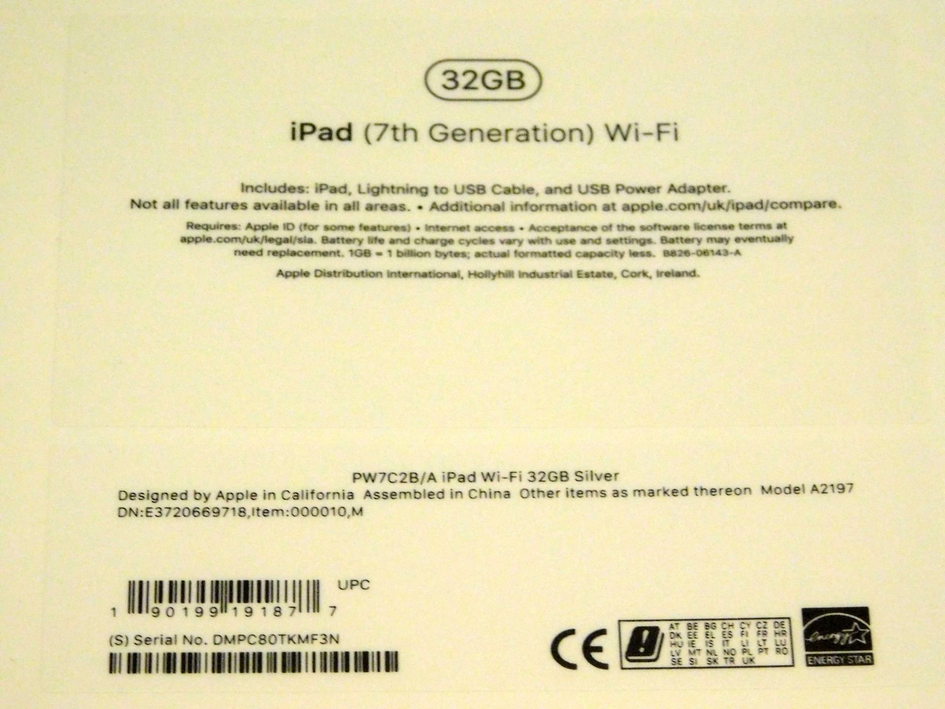 Apple A2197 iPad, 7th Gen, 32GB, Silver, Serial Number: DMPC80TKMF3N, (New in Sealed Box) (Located - Image 2 of 2