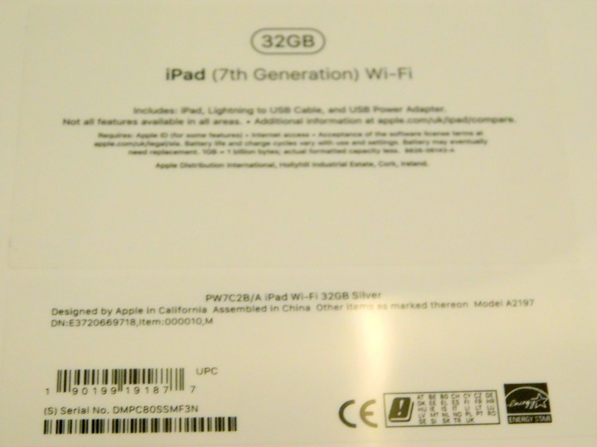 Apple A2197 iPad, 7th Gen, 32GB, Silver, Serial Number: DMPC80SSMF3N, (New in Sealed Box) (Located - Image 2 of 2