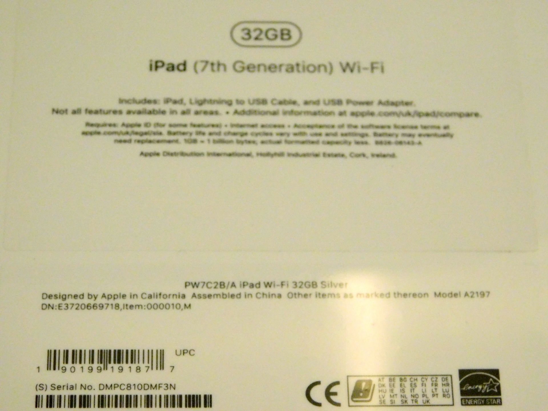 Apple A2197 iPad, 7th Gen, 32GB, Silver, Serial Number: DMPC810DMF3N, (New in Sealed Box) (Located - Image 2 of 2