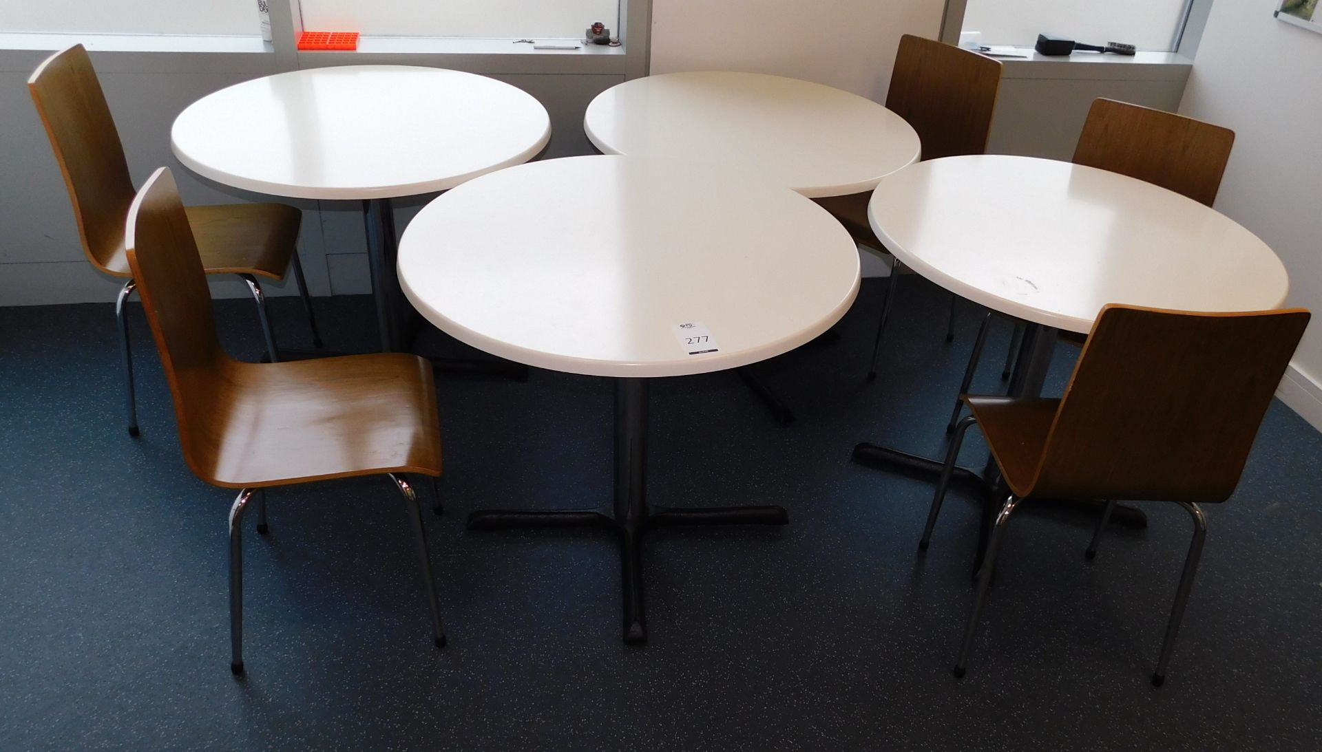 4 White Melamine Circular Tables & 17 Various Chairs (Located Stockport - See General Notes for More