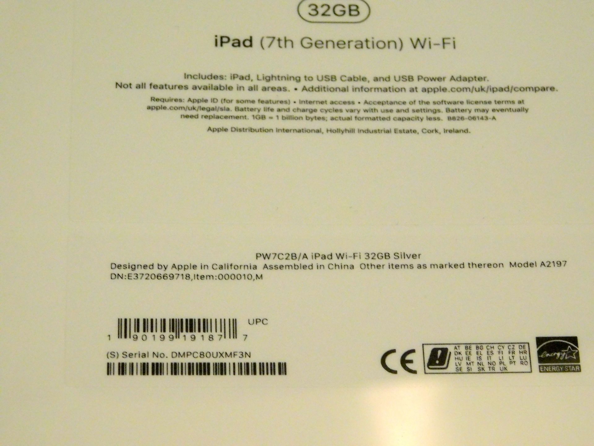 Apple A2197 iPad, 7th Gen, 32GB, Silver, Serial Number: DMPC80UXMF3N, (New in Sealed Box) (Located - Image 2 of 2